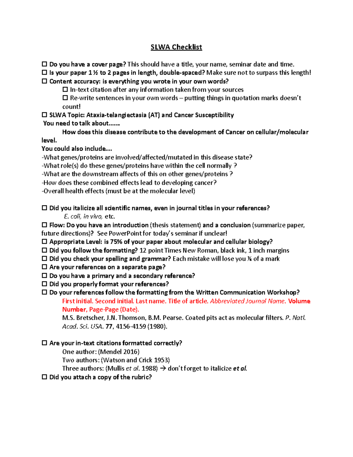 SLWA Checklist F19 - SLWA outline - SLWA Checklist Do you have a cover ...