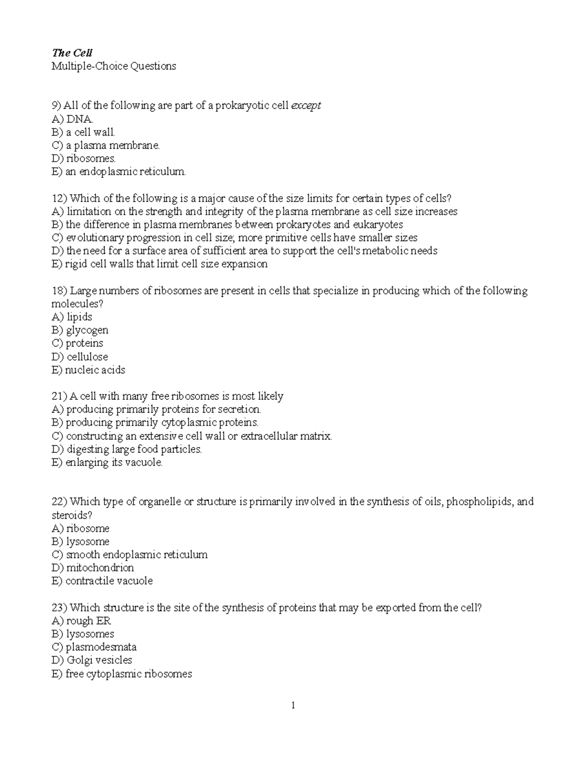 MCQ homework cells - ,,,,, - The Cell Multiple-Choice Questions All of ...