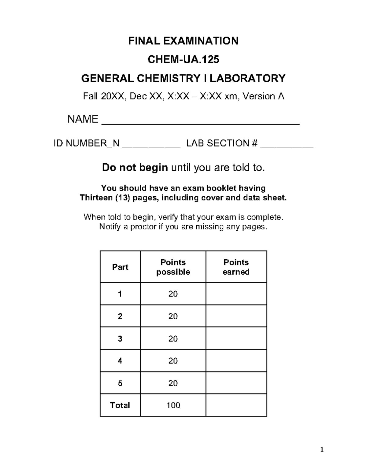 Sample Exam GC1 - lab materials - FINAL EXAMINATION CHEM-UA. GENERAL ...