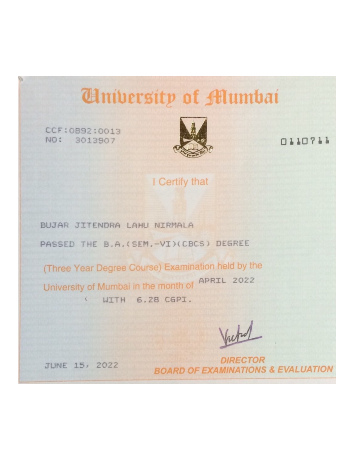 Graduation result - University of Mumbai CCF 0892:0013 NO: 3013907 ...