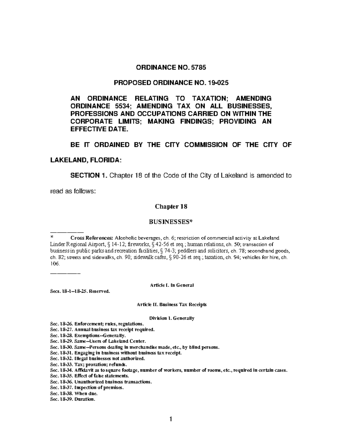 5785 Pa ORDINANCE NO. 5785 PROPOSED ORDINANCE NO. 19 AN ORDINANCE