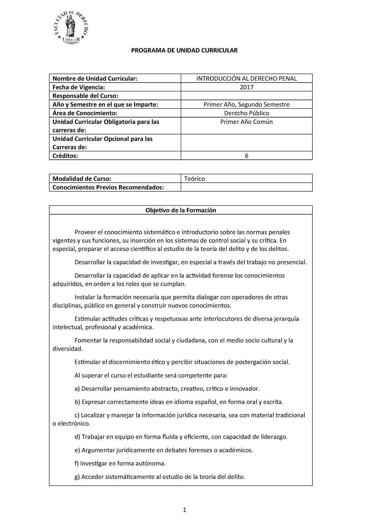 Programa Introducción AL Derecho Penal - PROGRAMA DE UNIDAD CURRICULAR ...