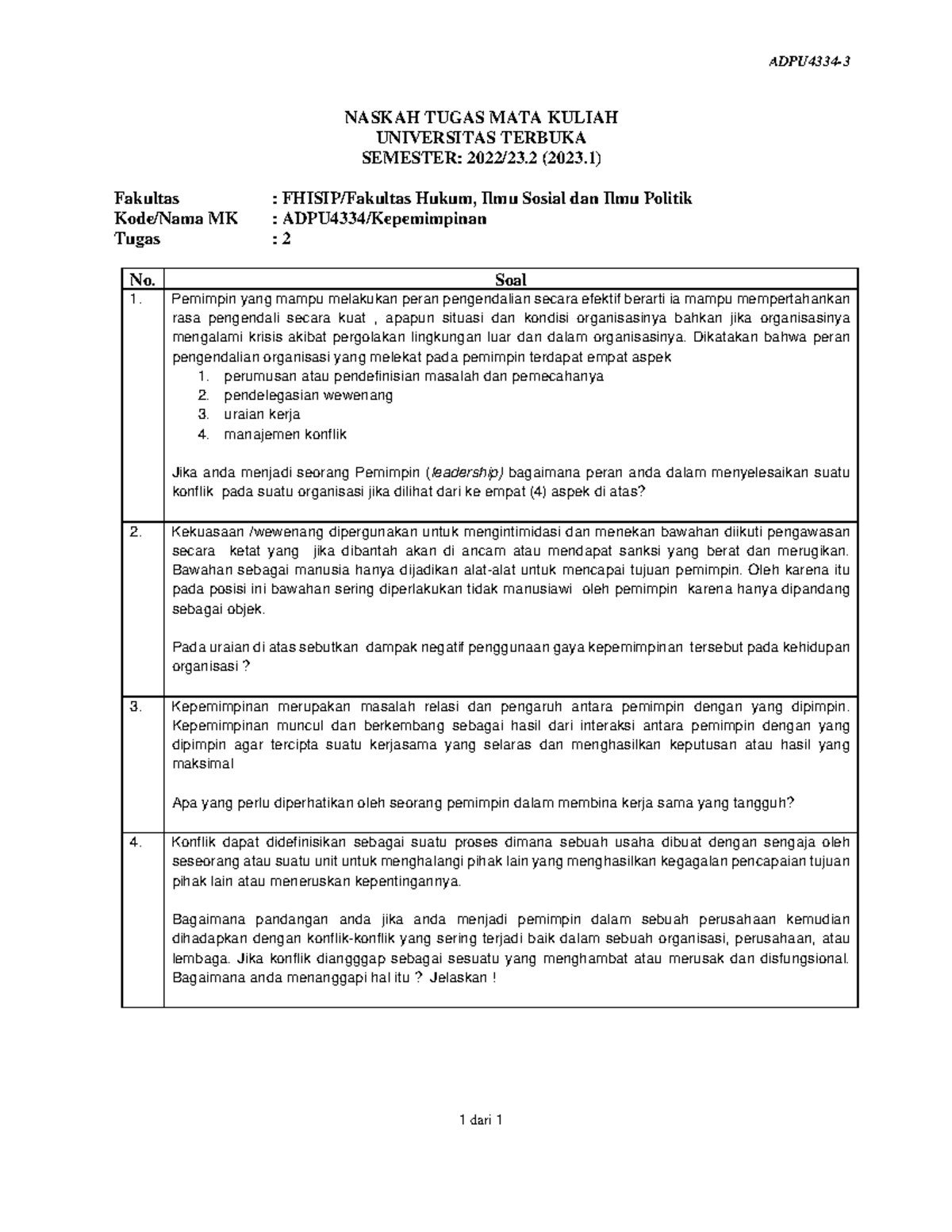 Soal Kepemimpinan - ADPU4334- 1 Dari 1 NASKAH TUGAS MATA KULIAH ...
