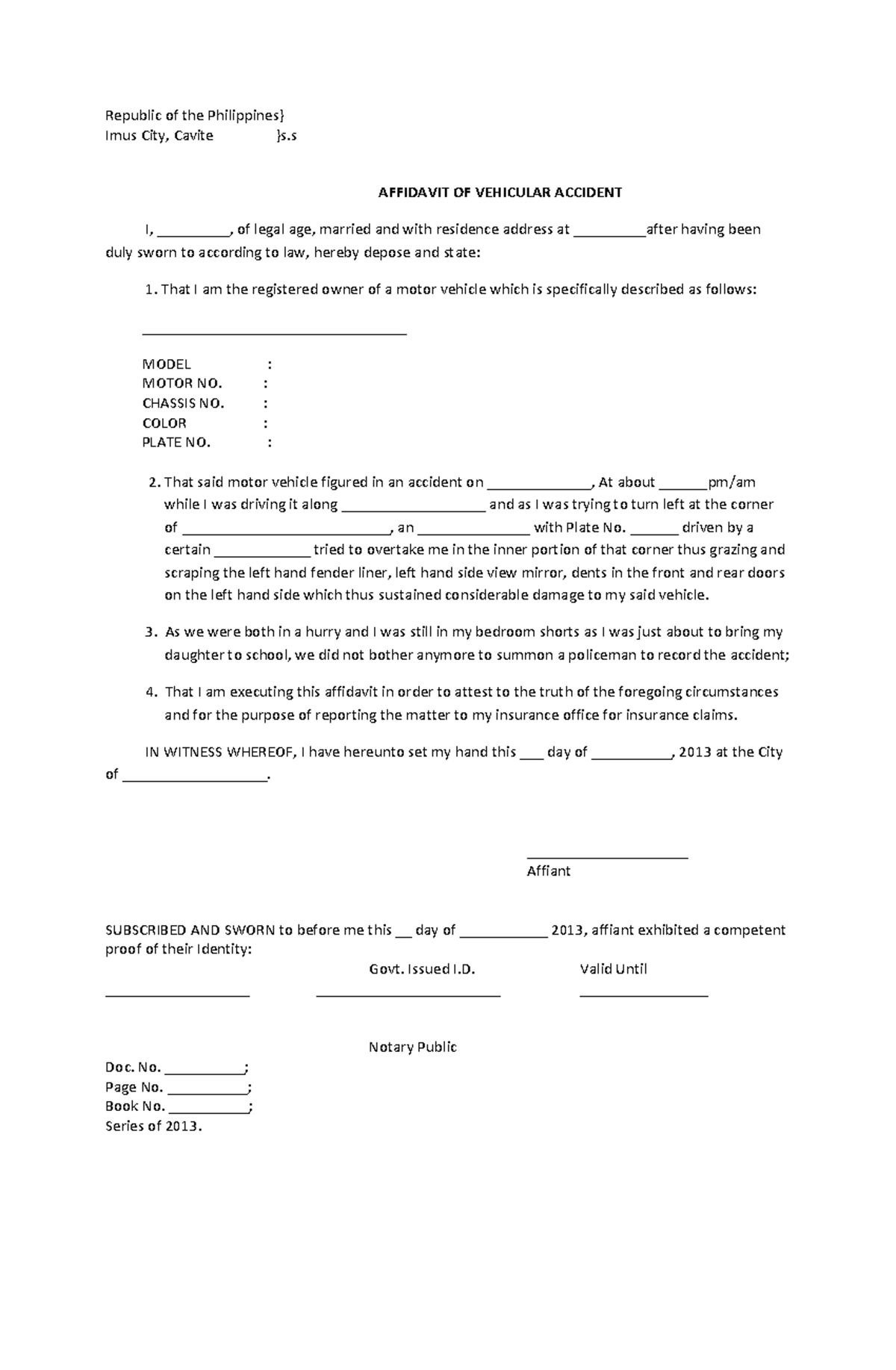 Affidavit of Vehicular Accident - Republic of the Philippines} Imus ...