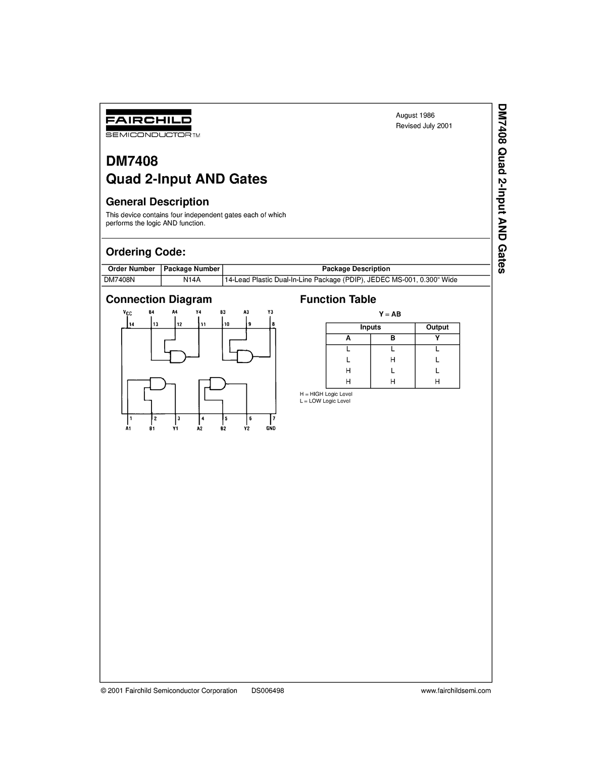 7408 Datasheet 2 Inputs And Gate © 2001 Fairchild Semiconductor