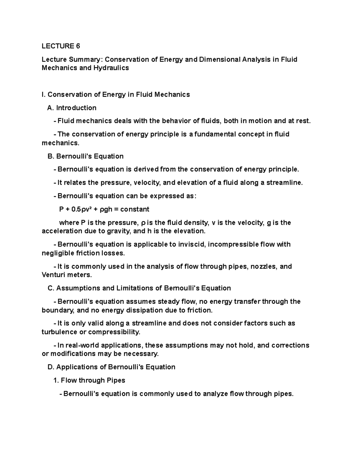 CVL501 Lecture 6 - LECTURE 6 Lecture Summary: Conservation of Energy ...