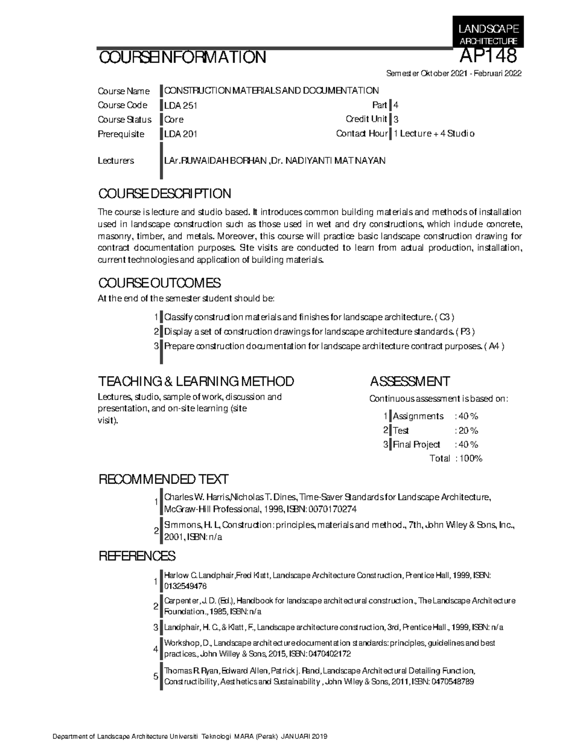 Course Info LDA251 SOF2022 LANDSCAPE ARCHITECTURE Course Nam e Course