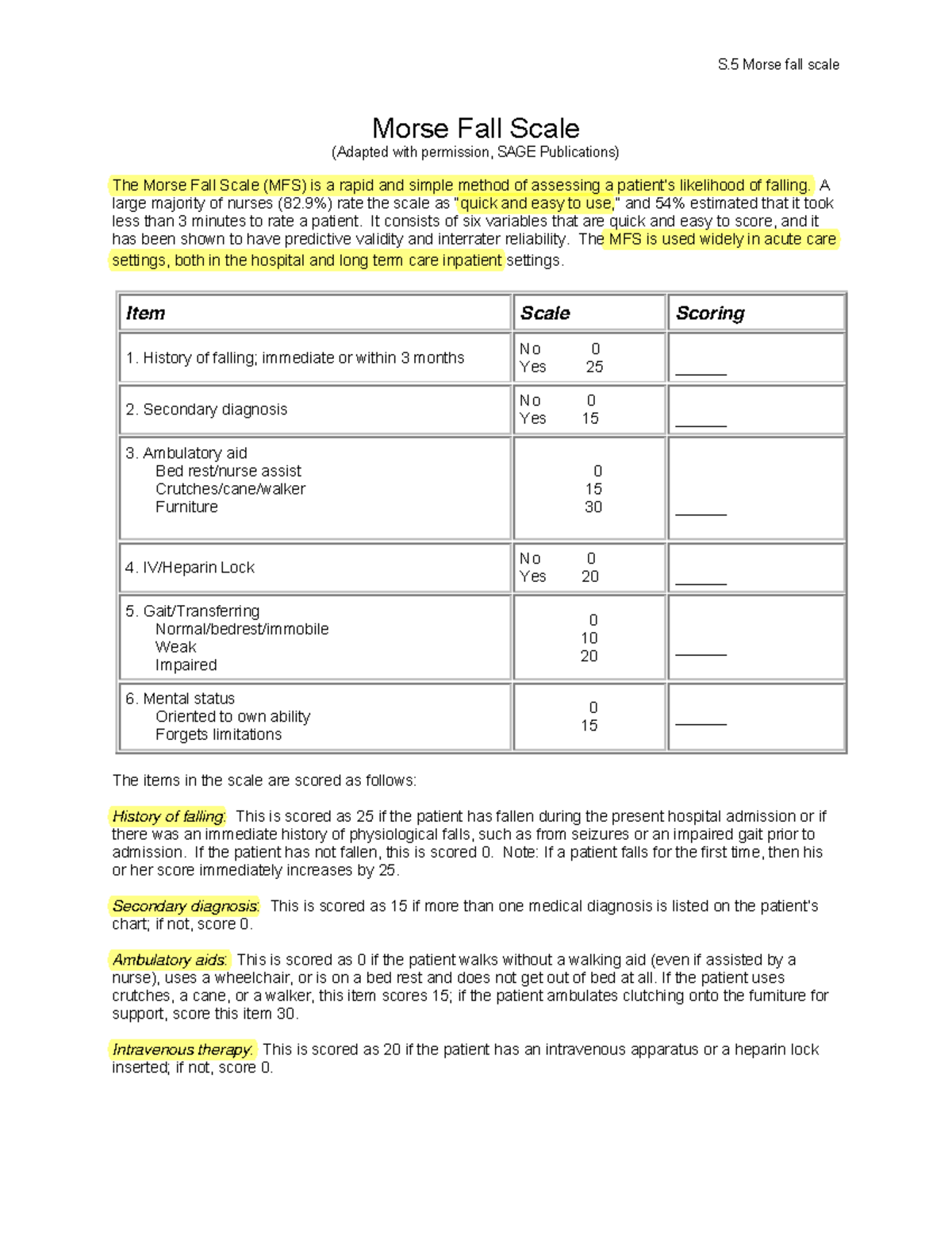 Morse Fall Scale - A large majority of nurses (82%) rate the scale as ...