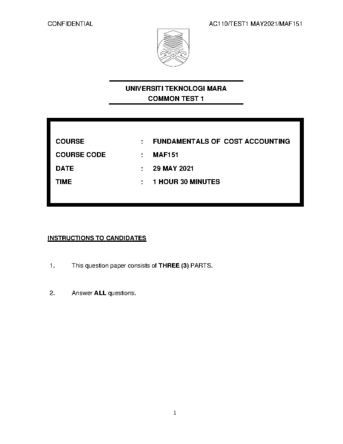 Ct Maf151 Q May2021 Universiti Teknologi Mara Common Test 1 Course Fundamentals Of Cost Ct Maf151 Q May2021 Universiti Teknologi Mara Common Test 1 Course Fundamentals Of Cost