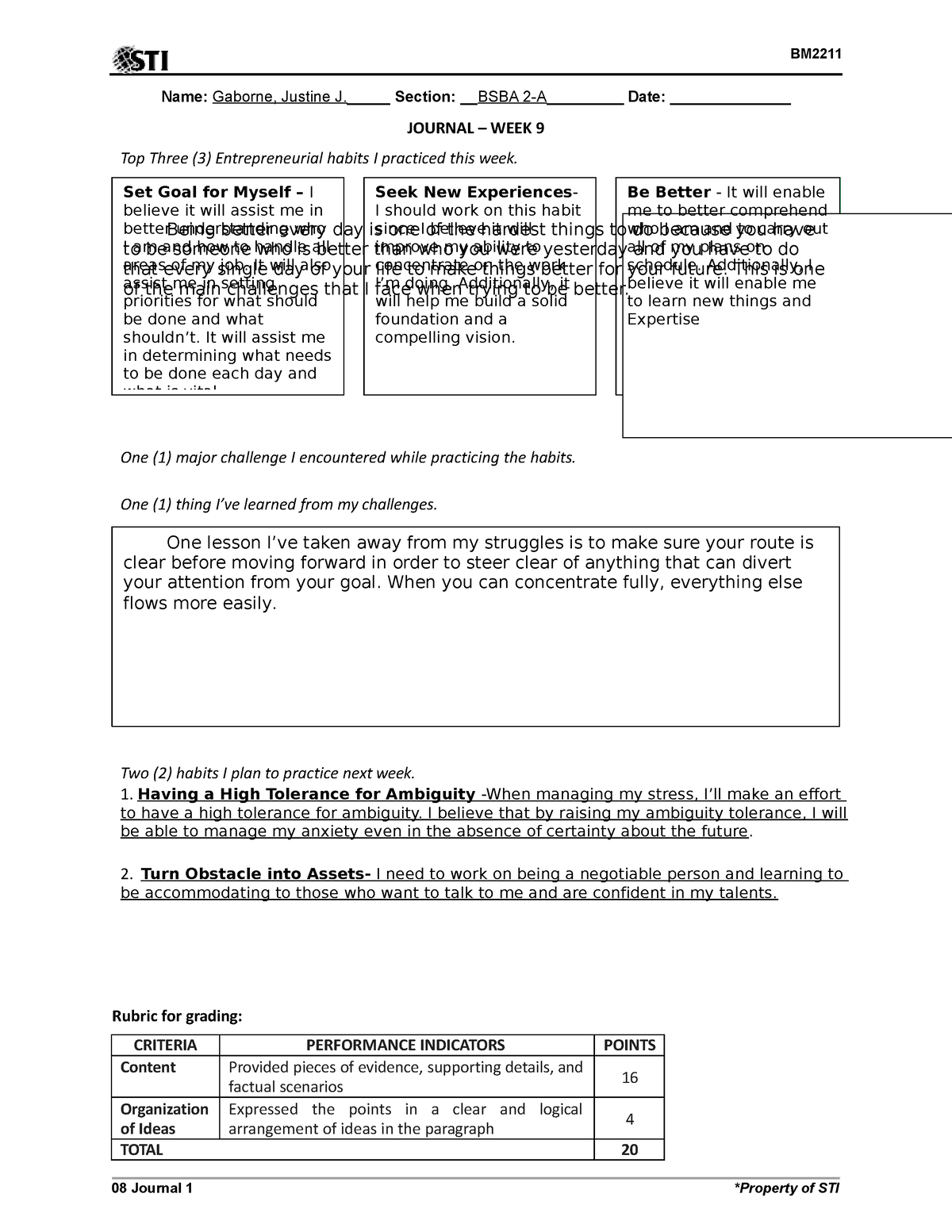 Entrep 08 Journal 1 - Name: Gaborne, Justine J._____ Section: BSBA 2-A ...