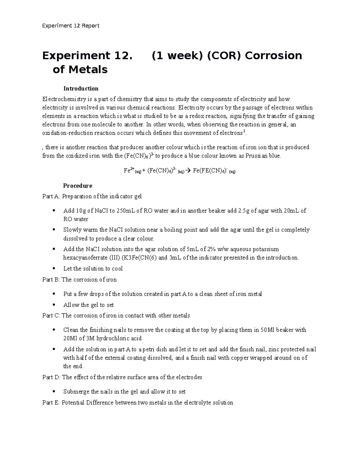 Chemm 112 lab report corrosion Experiment 12 Report Experiment 12. (1