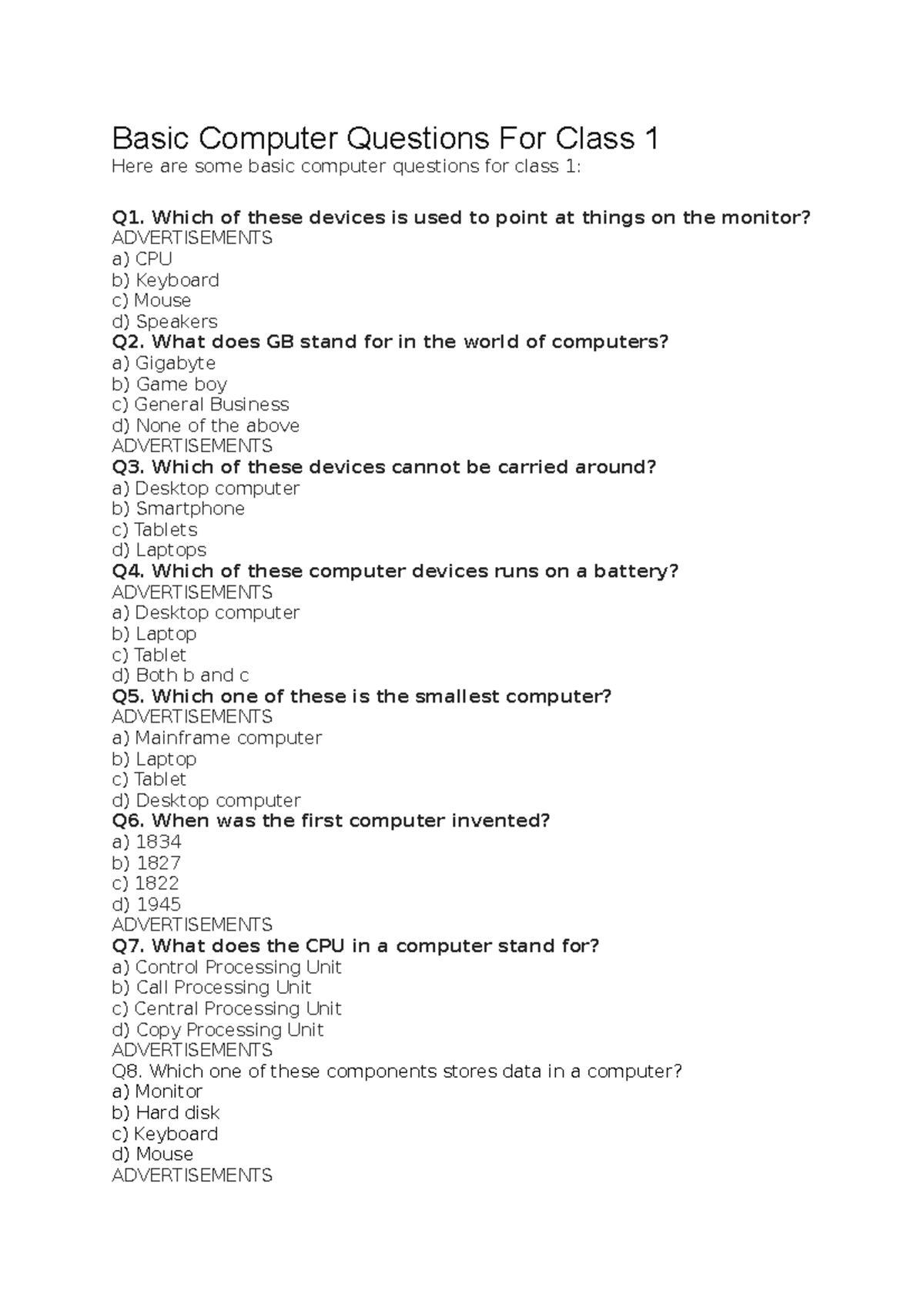 Basic Computer Questions For Class 1 - Which of these devices is used ...
