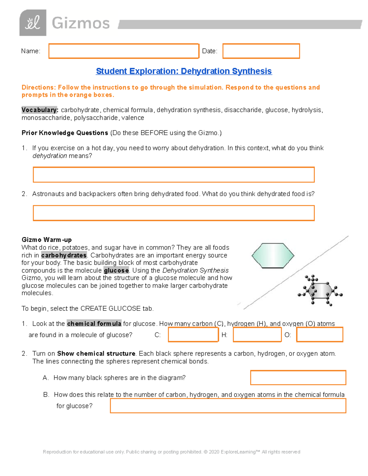 Copy of Dehydration Synthesis Gizmo - Name: Date: Student Exploration ...