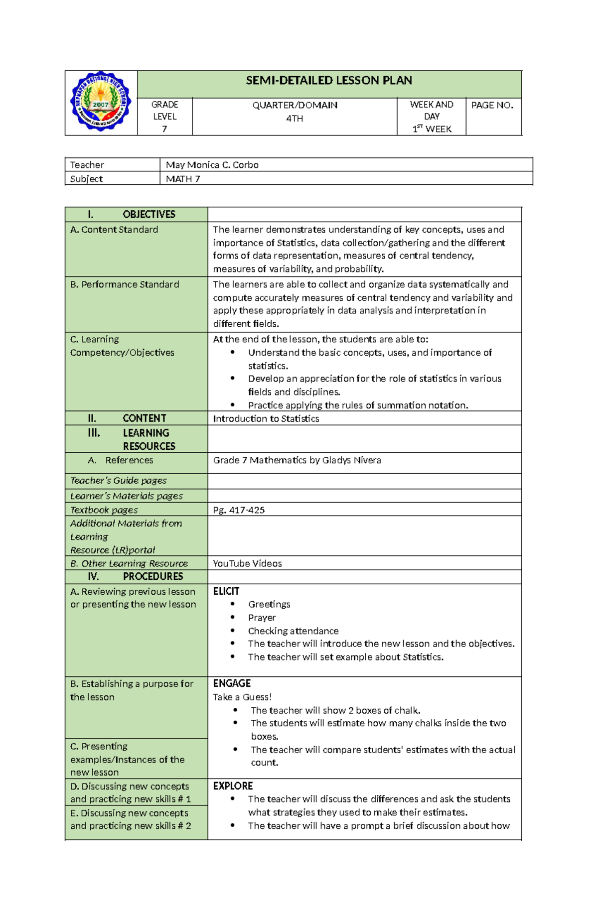 MATH-LP - SEMI-DETAILED LESSON PLAN GRADE LEVEL 7 QUARTER/DOMAIN 4TH ...