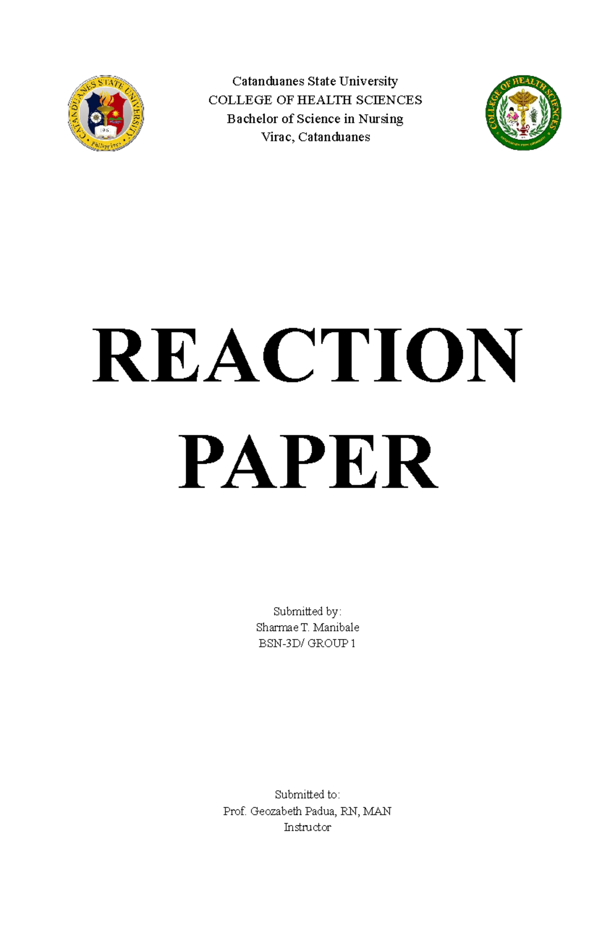 Reaction paper - SFWFRW - Catanduanes State University COLLEGE OF ...