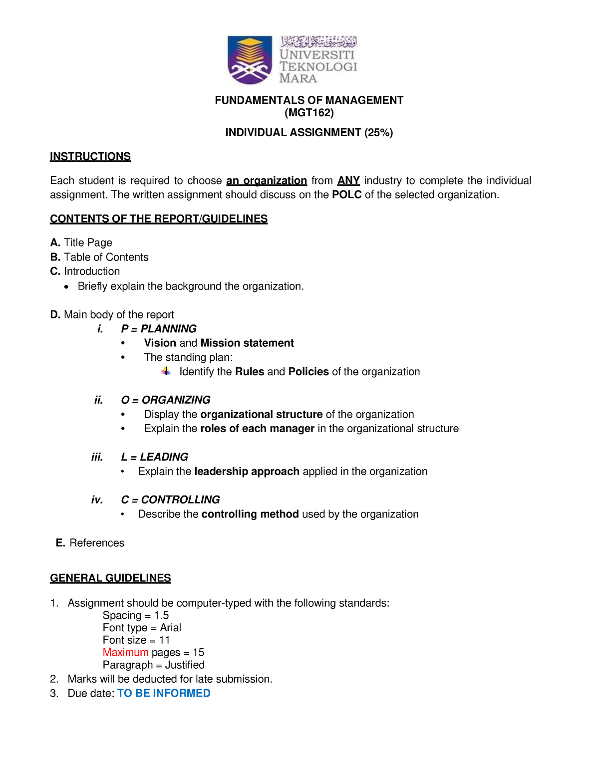 Individual Assignment - FUNDAMENTALS OF MANAGEMENT (MGT162) INDIVIDUAL ...