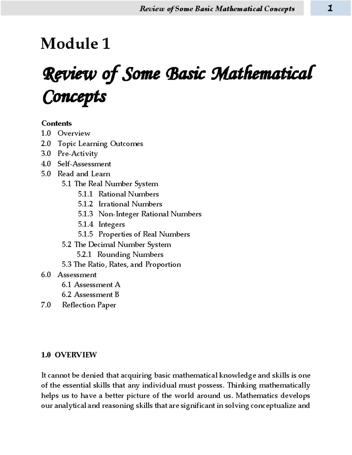 Module 1 Review OF SOME Basic Mathematical Concepts In Mathematics ...