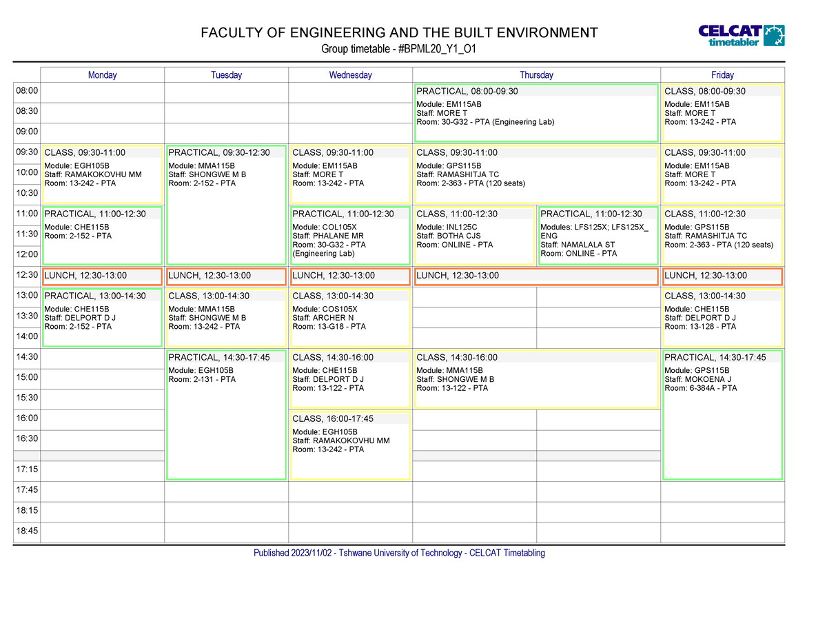 Celcat Timetable BPML20 semester 1 2024 - FACULTY OF ENGINEERING AND ...