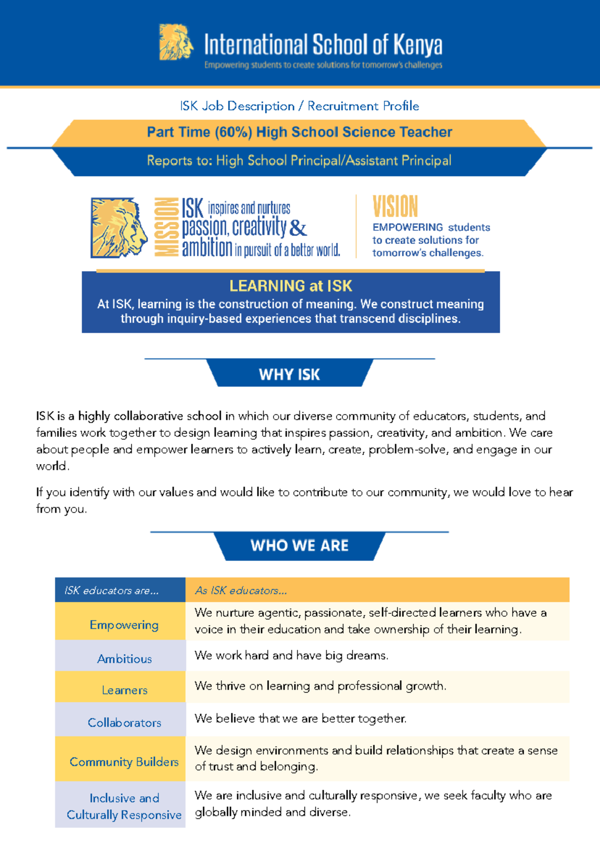 Part Time HSScience Teacher Profile Job Description SY 25 26 - ISK Job ...