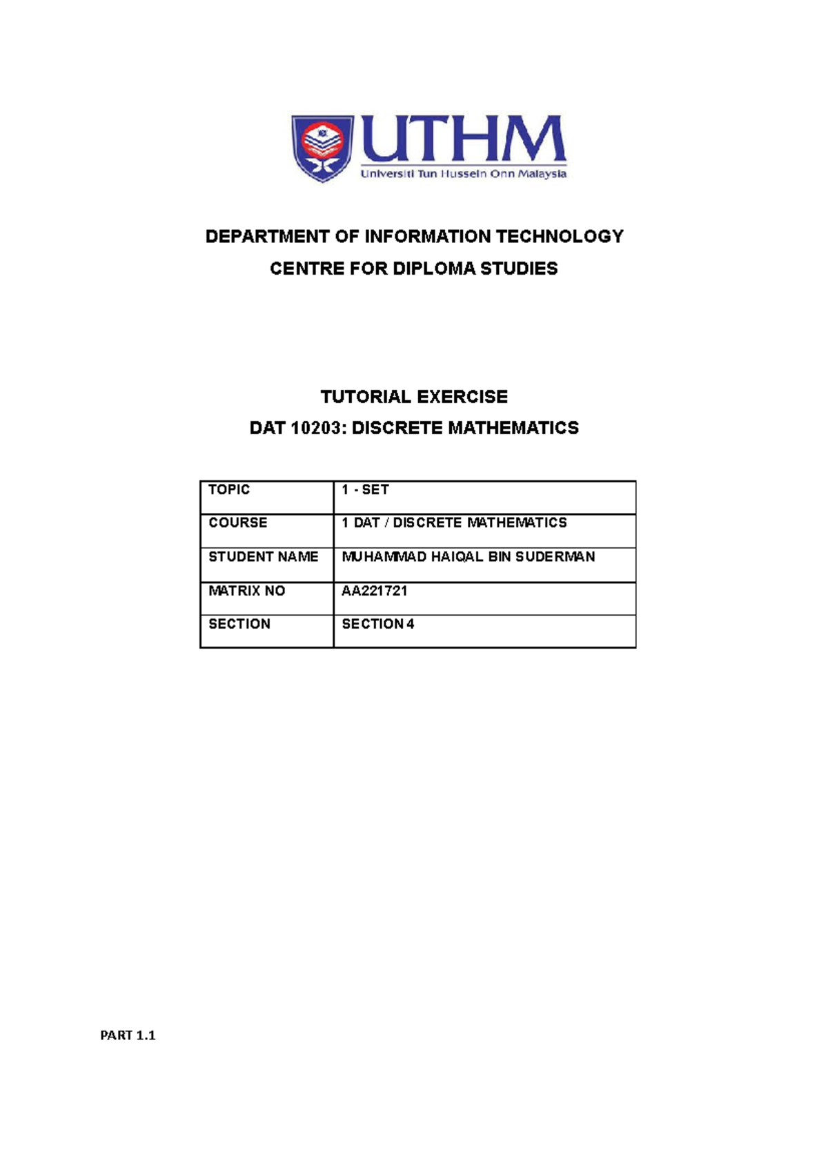 Answers Tutorialtopic 1 - DEPARTMENT OF INFORMATION TECHNOLOGY CENTRE ...