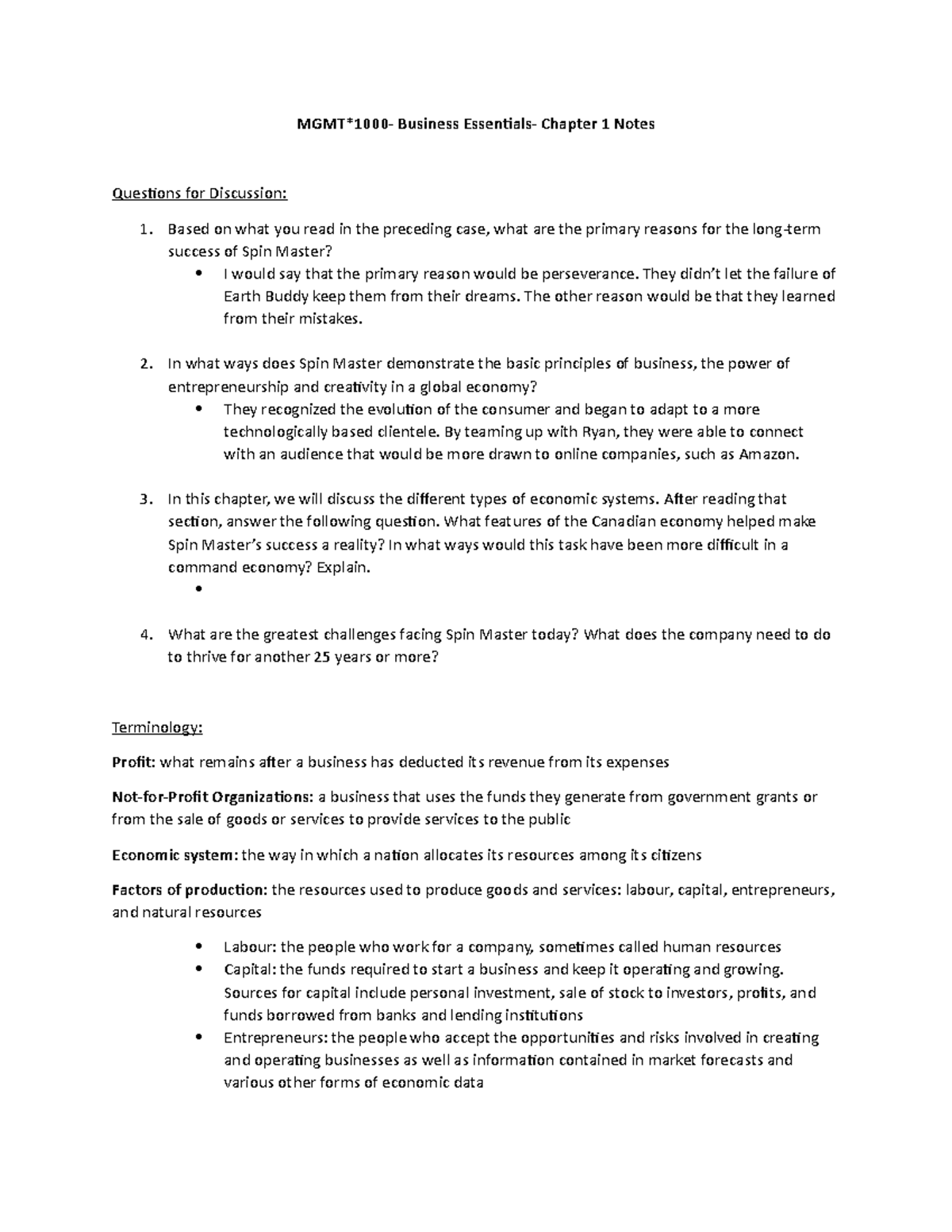 Business Essentials- Chapter 1 Notes- MGMT 1000 - MGMT*1000- Business ...