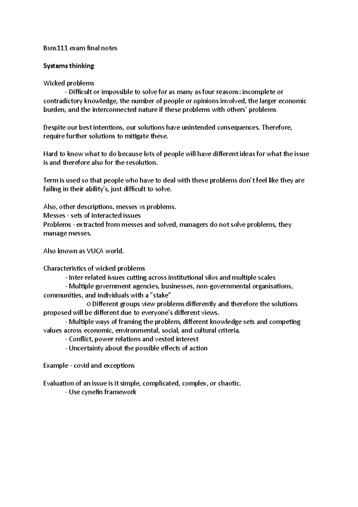 Bsns111 exam final notes - Bsns111 exam final notes Systems thinking ...