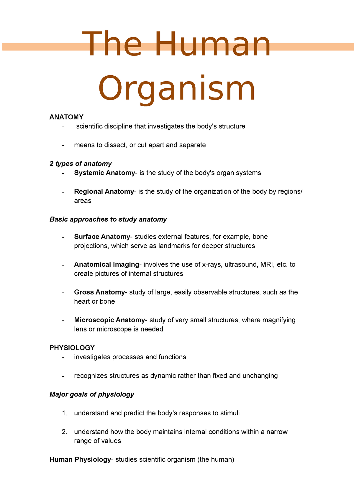 Notes Chapter 1 Human Organism The Human Organism Anatomy Scientific Discipline That 6980