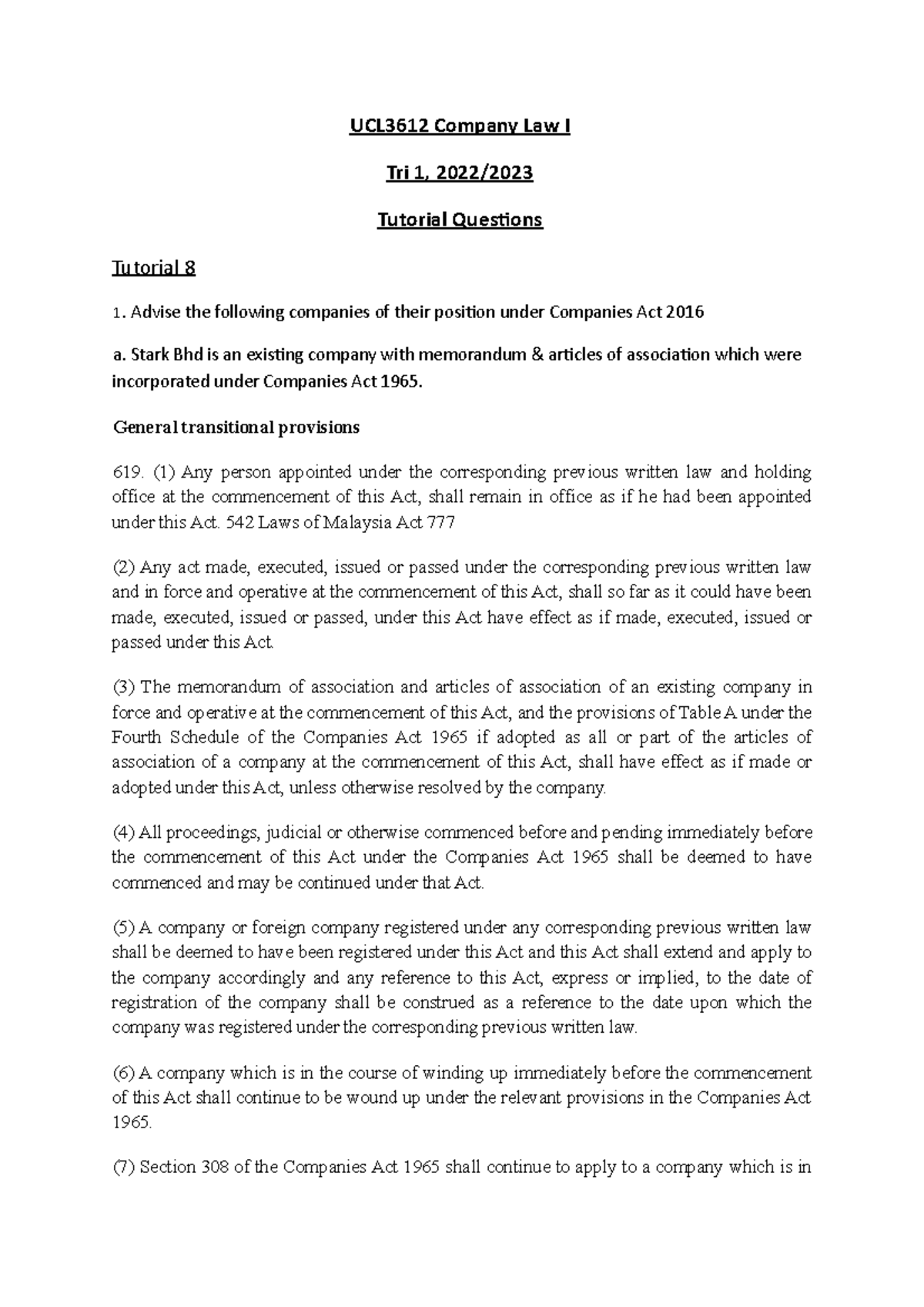 Tutorial 8 Company Law - UCL3612 Company Law I Tri 1, 2022/ Tutorial ...