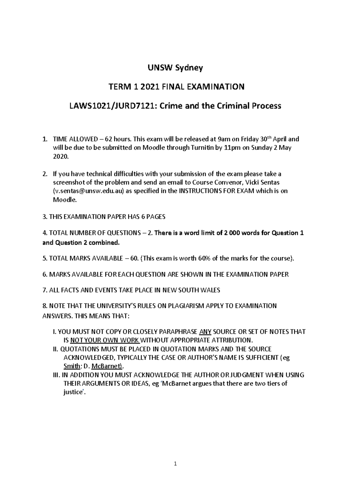 2021 paper - UNSW Sydney TERM 1 2021 FINAL EXAMINATION LAWS 1021 /JURD ...