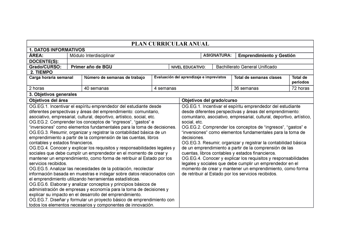 Ey G 1 Bgu Pca Planificaciones De Emprendimiento Plan Curricular Anual 1 Datos Informativos 