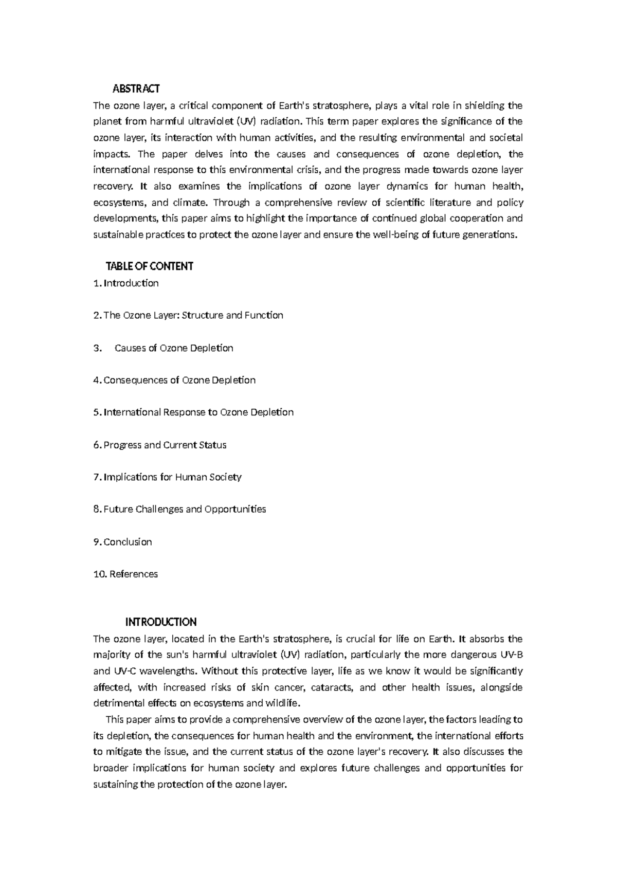 Term paper on science technology and society - ABSTRACT The ozone layer ...
