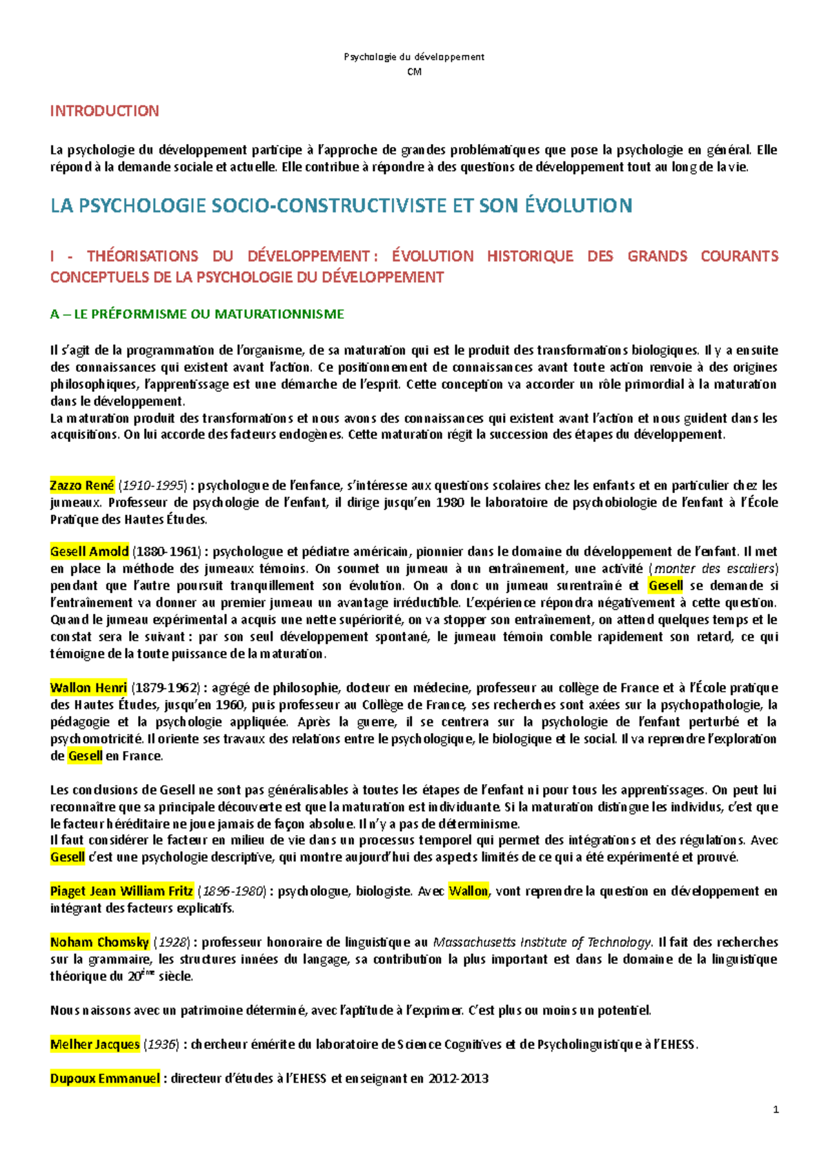 Psycho du développement -Cours - CM INTRODUCTION La psychologie du ...
