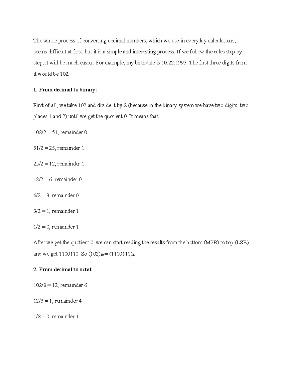 Week 2 assignment - converting numbers - The whole process of ...