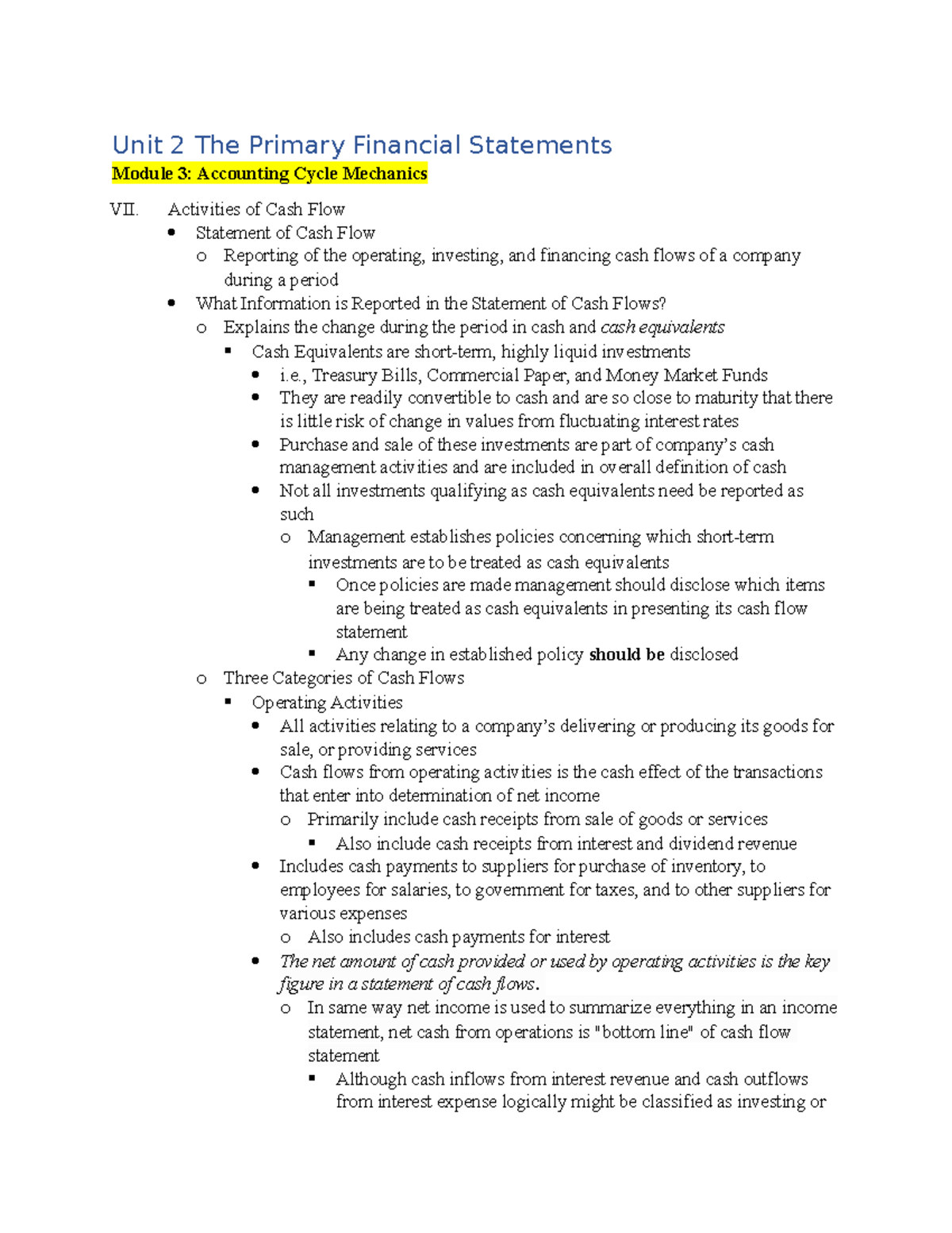 Unit 2 Module 3 Notes Unit 2 The Primary Financial Statements Module
