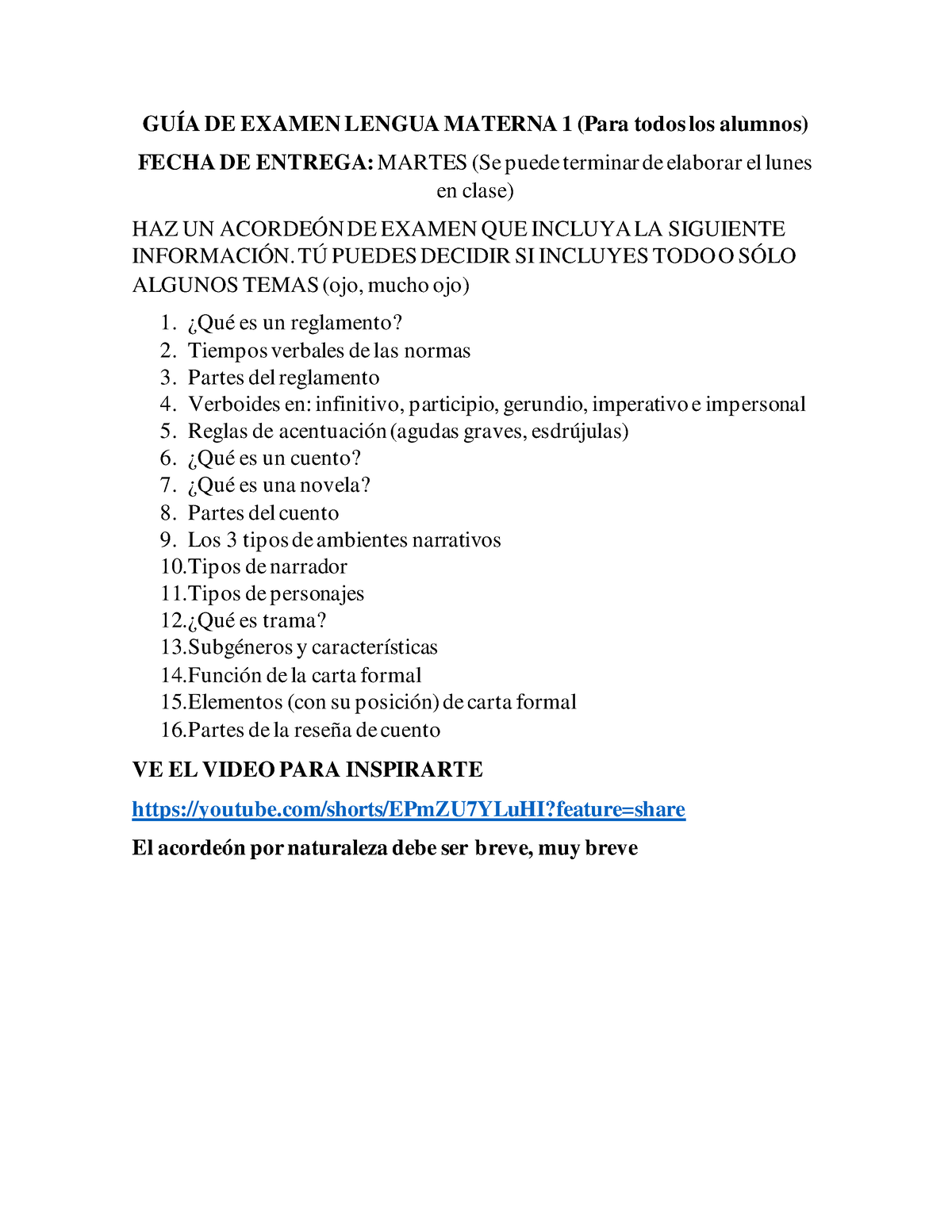 GuÍa De Examen 1 2°periodo GuÍa De Examen Lengua Materna 1 Para Todos Los Alumnos Fecha De