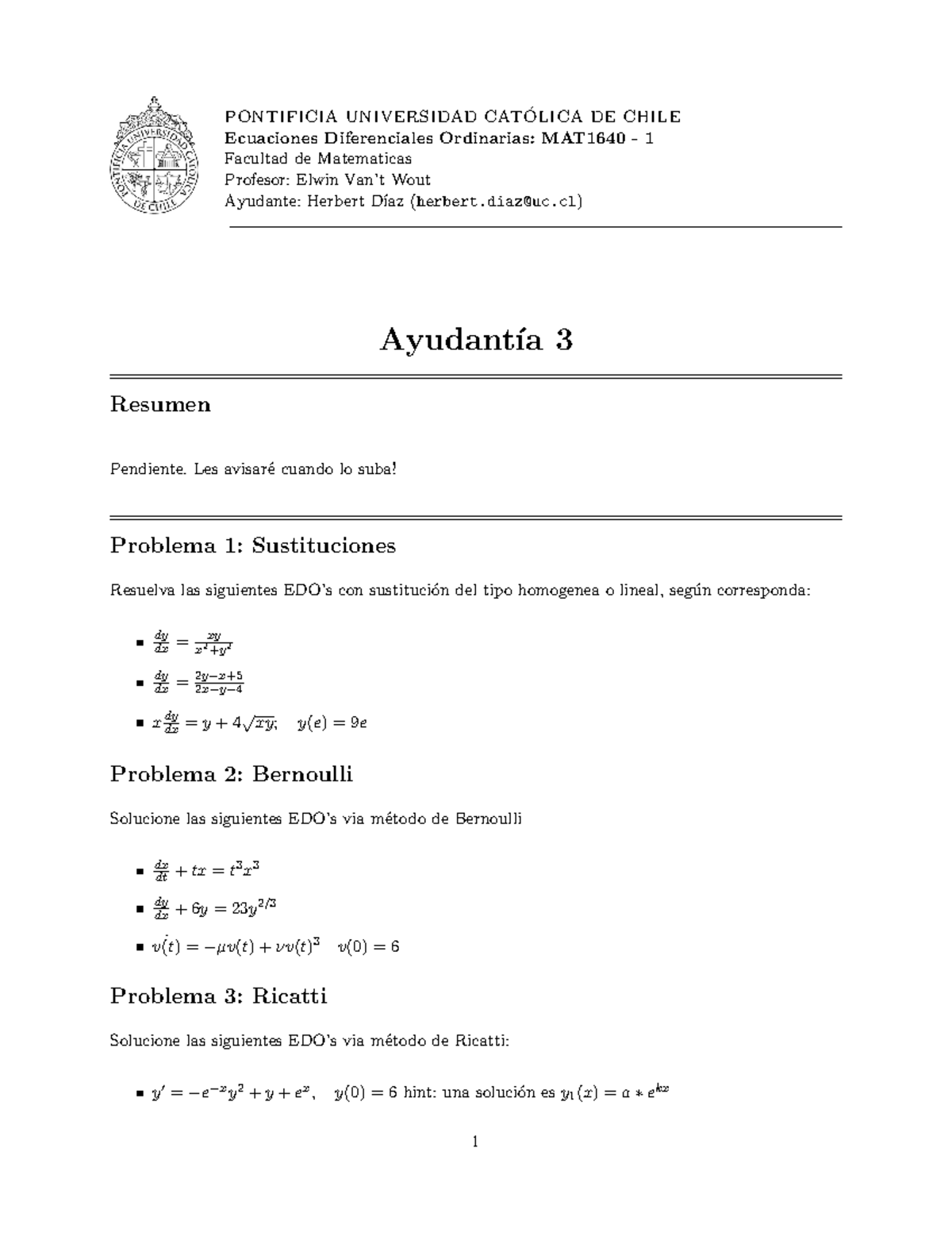 Ayudantía 3 - ENUNCIADO AYUDANTÍA EDO - PONTIFICIA UNIVERSIDAD CAT ...