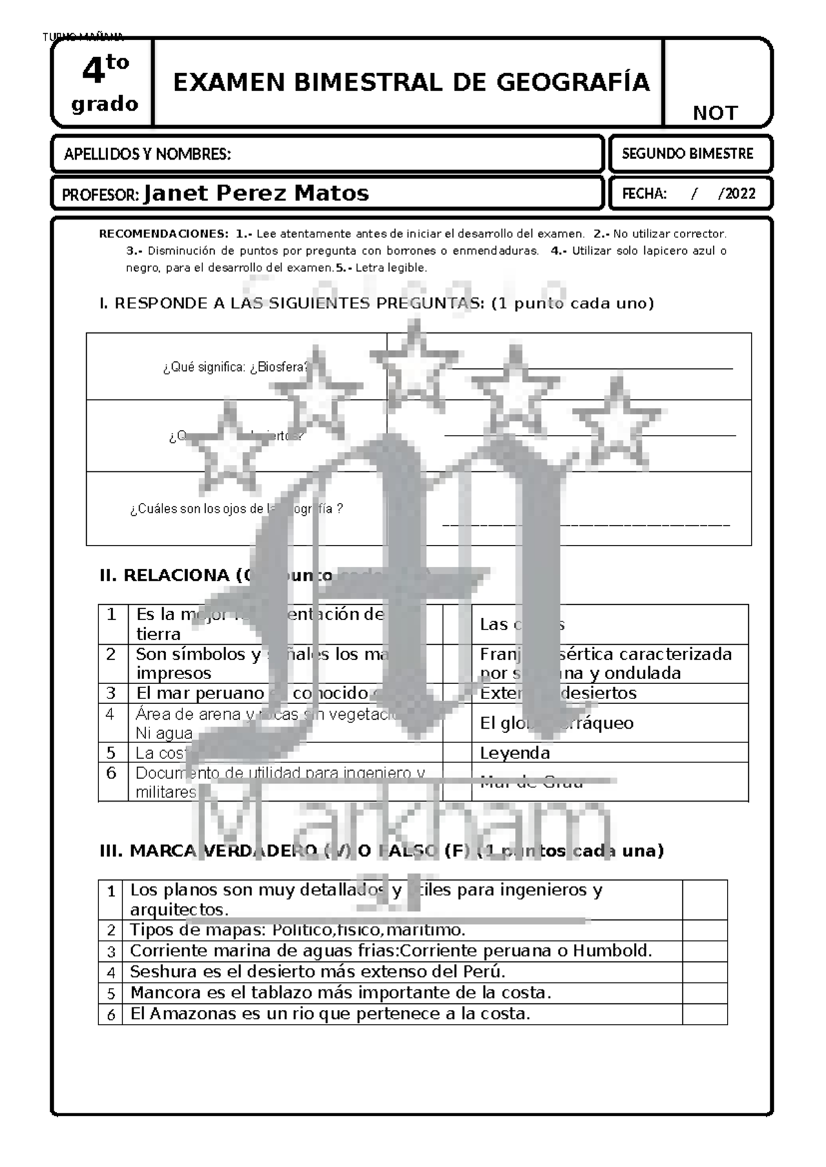 Examen segundo bimestral geografia 4 primaria - EXAMEN BIMESTRAL DE ...