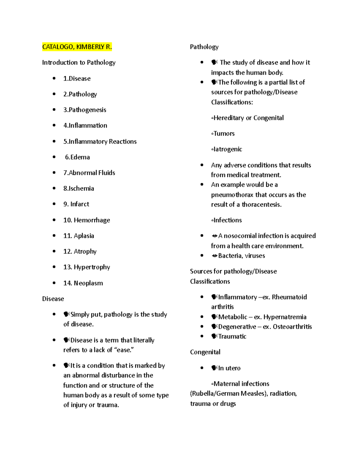 Pathology- Notes- Prelim - CATALOGO, KIMBERLY R. Introduction to ...