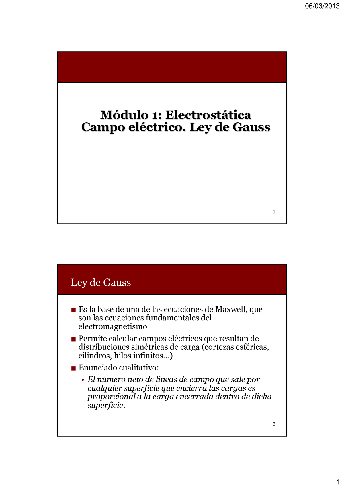 Ley De Gauss - 1 MÛdulo 1: Electrost·tica Campo ElÈctrico. Ley De Gauss ...