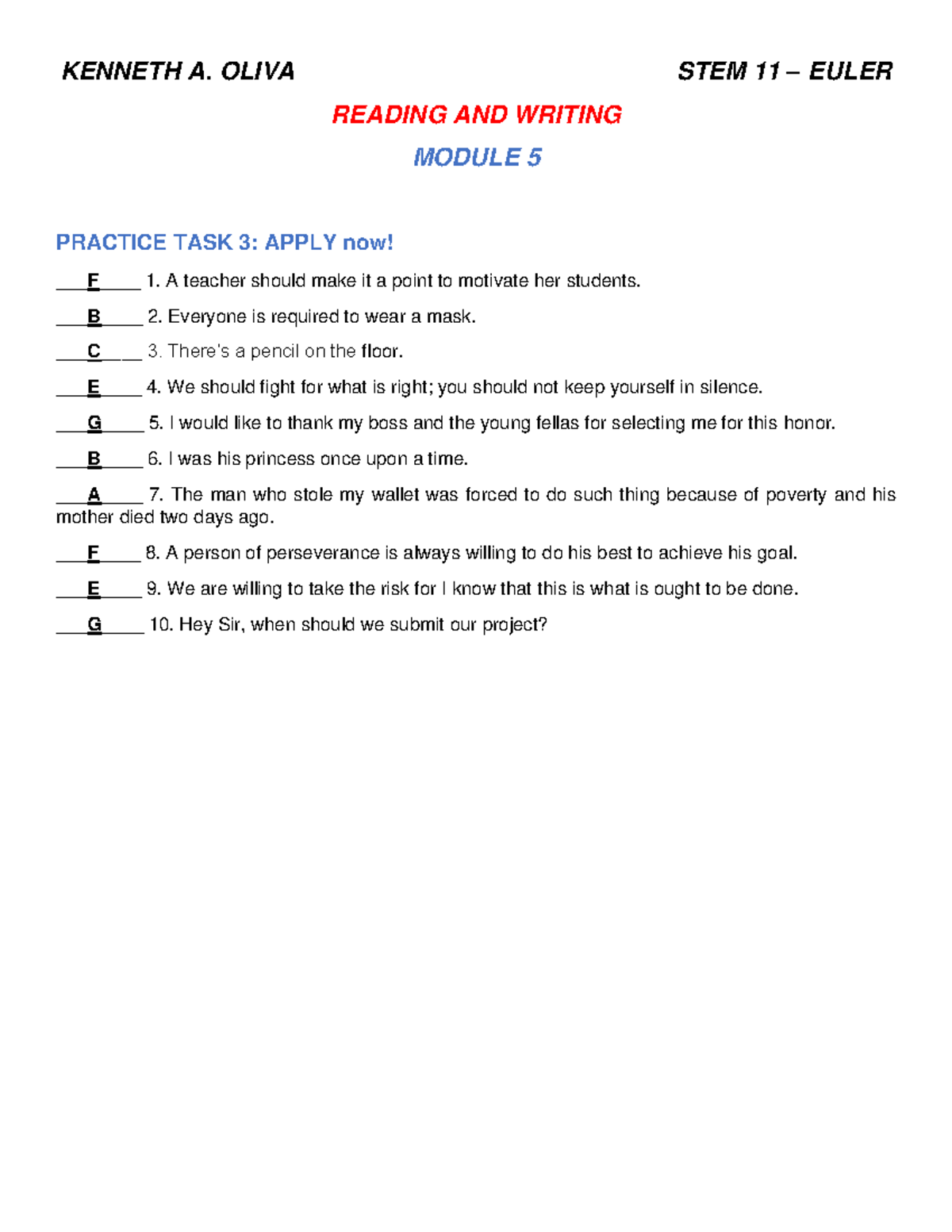 Reading AND Writing M5 A. OLIVA STEM 11 EULER READING AND