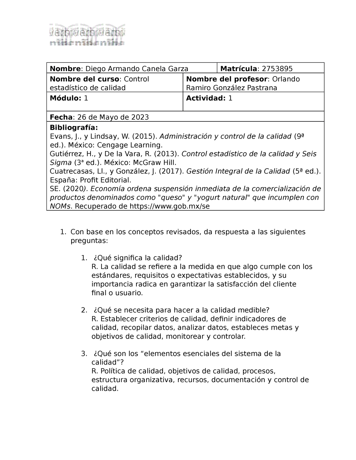 CEDC Actividad 1 - Control Estadístico De Calidad - TecMilenio - Studocu