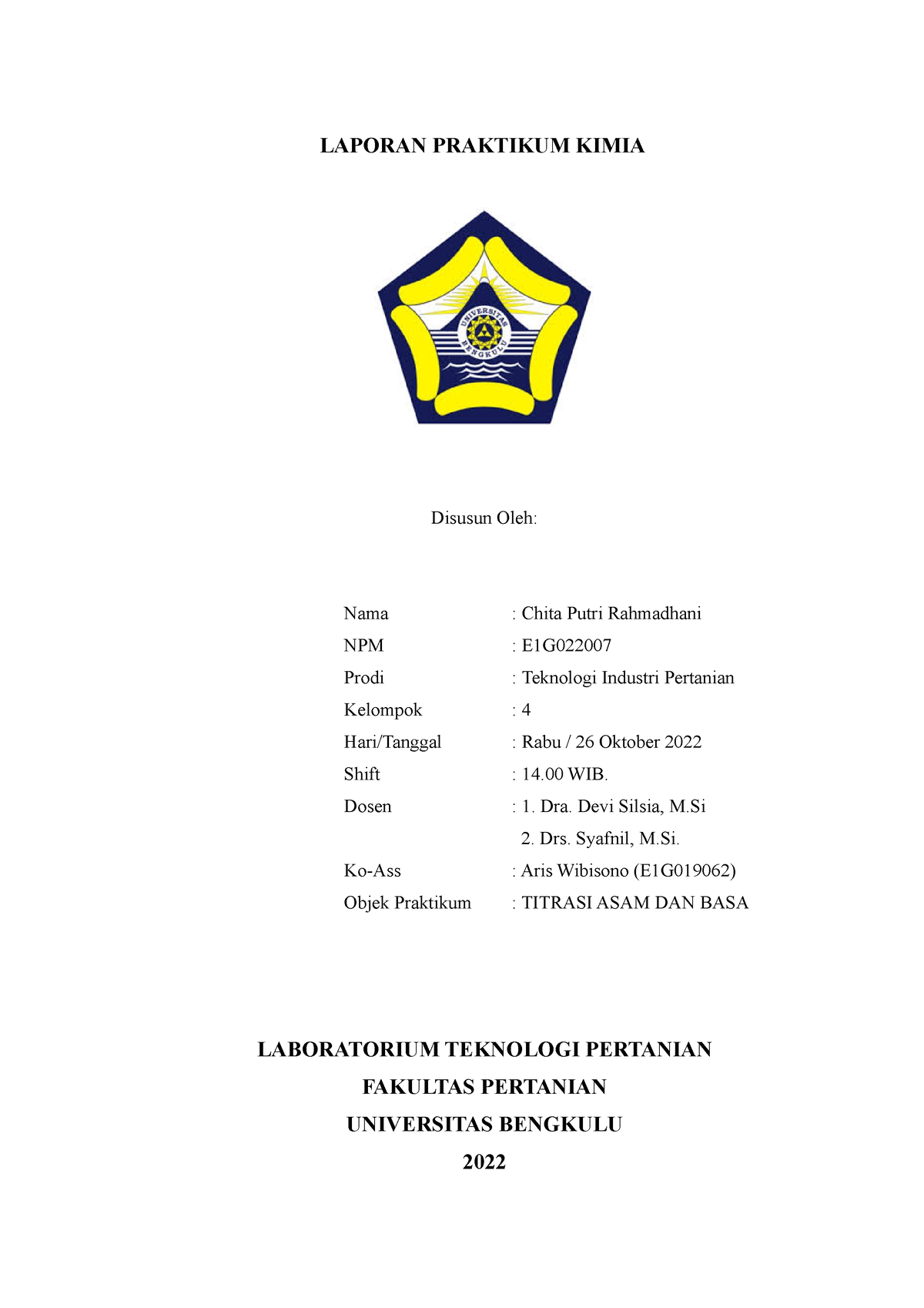 Laporan Praktikum Kimia 4 - LAPORAN PRAKTIKUM KIMIA Disusun Oleh: Nama ...