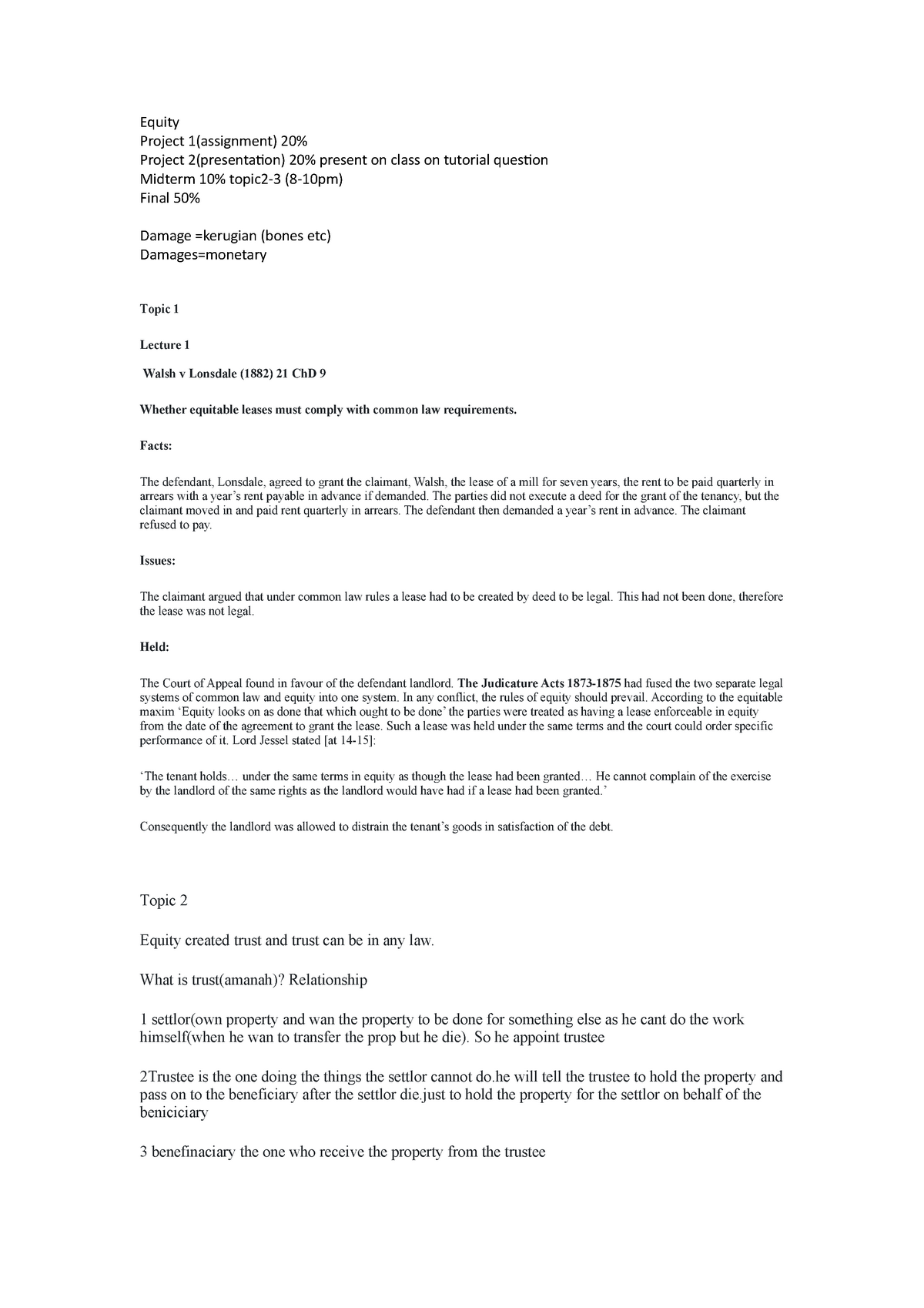 Equity Notes - Equity Project 1(assignment) 20% Project 2(presentation ...