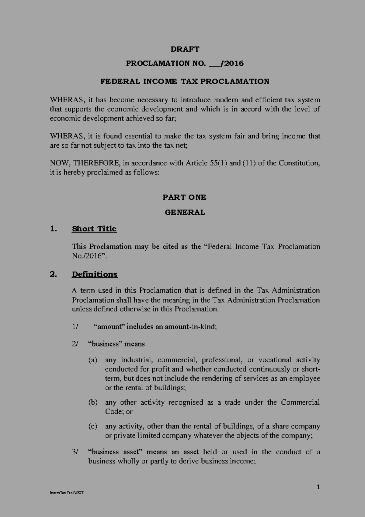 Incom tax proclamation english - 1 DRAFT PROCLAMATION NO. ___/201 6 ...