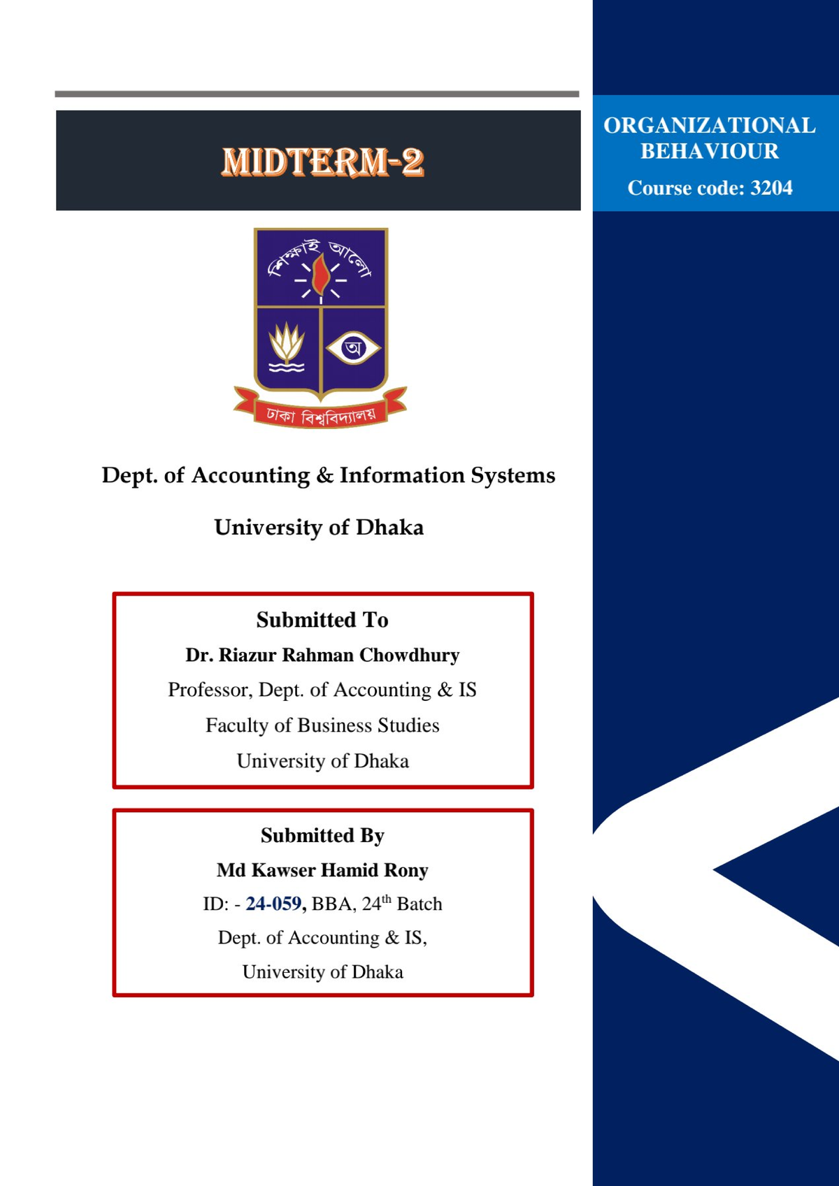 Id- 24-059, MD Kawser Hamid Rony - Organizational Behavior - Studocu