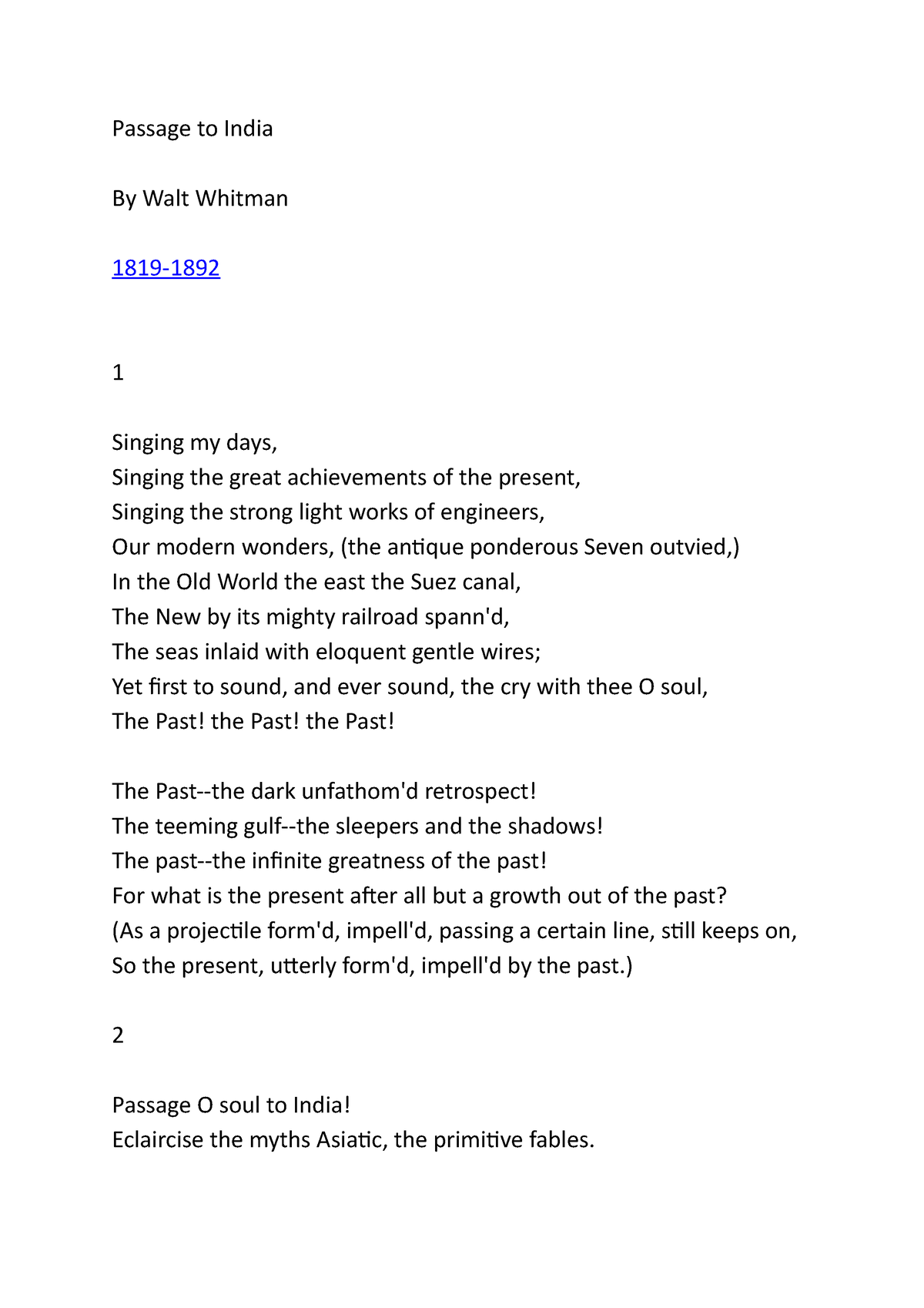 Paasage To Indian Poem Walt Whitman - Passage To India By Walt Whitman ...