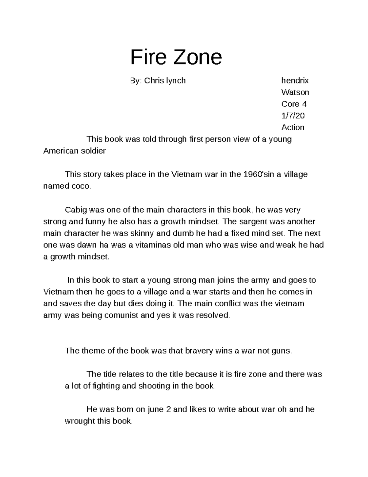 Fire zone Google Docs words Fire Zone By Chris lynch hendrix