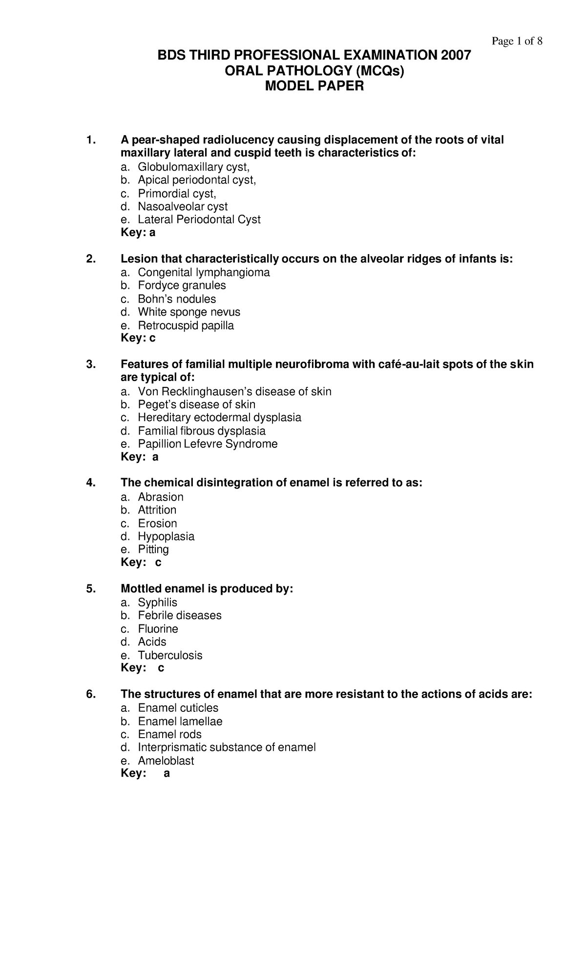 Question - BDS THIRD PROFESSIONAL EXAMINATION 20 07 ORAL PATHOLOGY ...