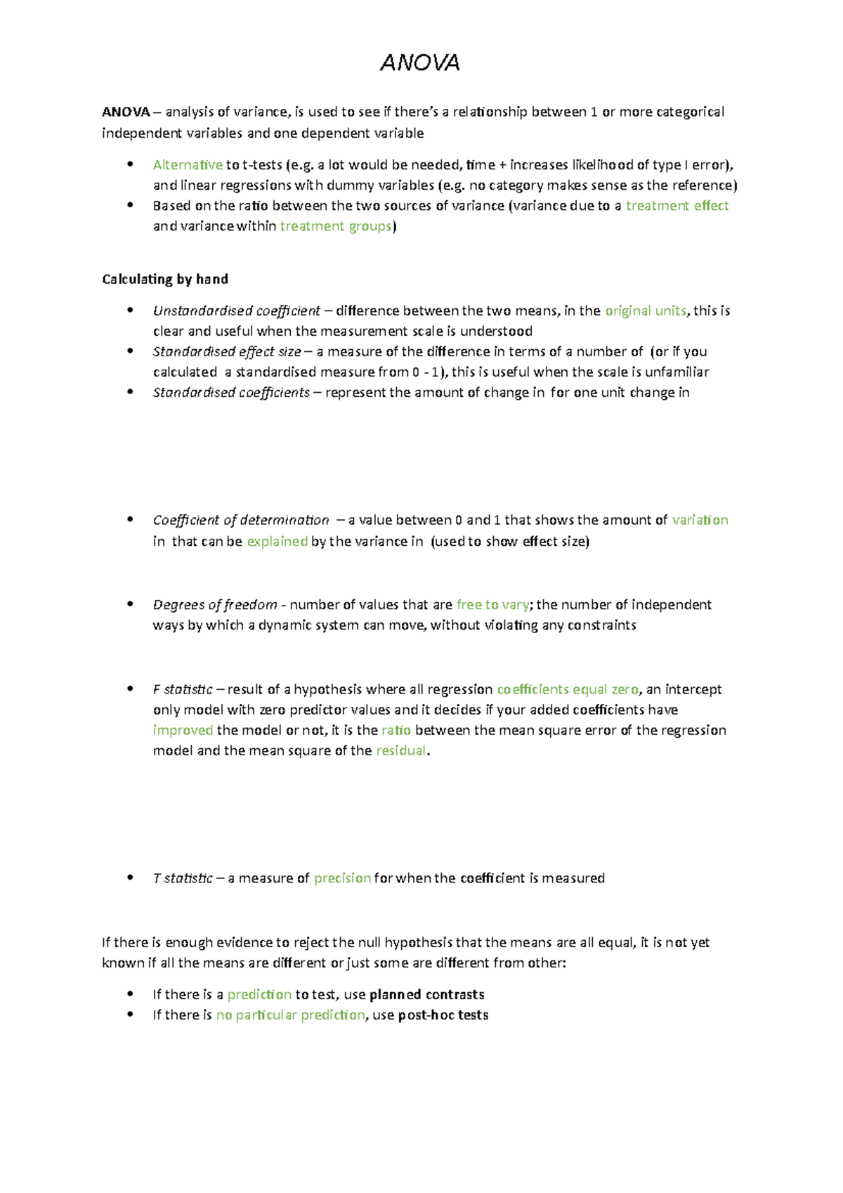 MAB206 Anova Summary - ANOVA ANOVA – analysis of variance, is used to ...