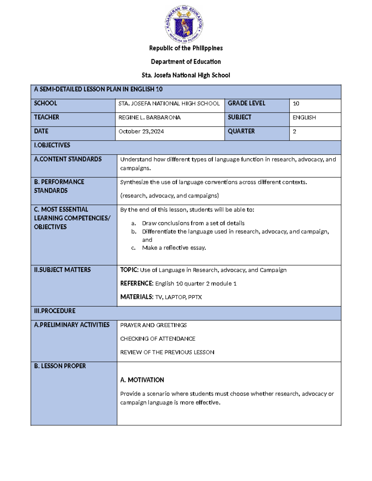 Use of language - lesson pan semi - Republic of the Philippines ...